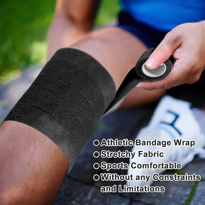 48 Pack Self Adhesive Bandage Wrap, 2” x 5 Yards Cohesive Medical Tape Elastic Grip Tape Black Sports Tape Athletic for Ankle, Wrist Sprains, Pet First Aid (Black)