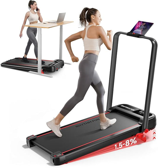 RHYTHM FUN Incline Foldable Treadmill, Walking Pad Treadmill with Incline, 300 lbs Portable Treadmills with Handles for Home Office Use, Under Desk Compact Walking Pad