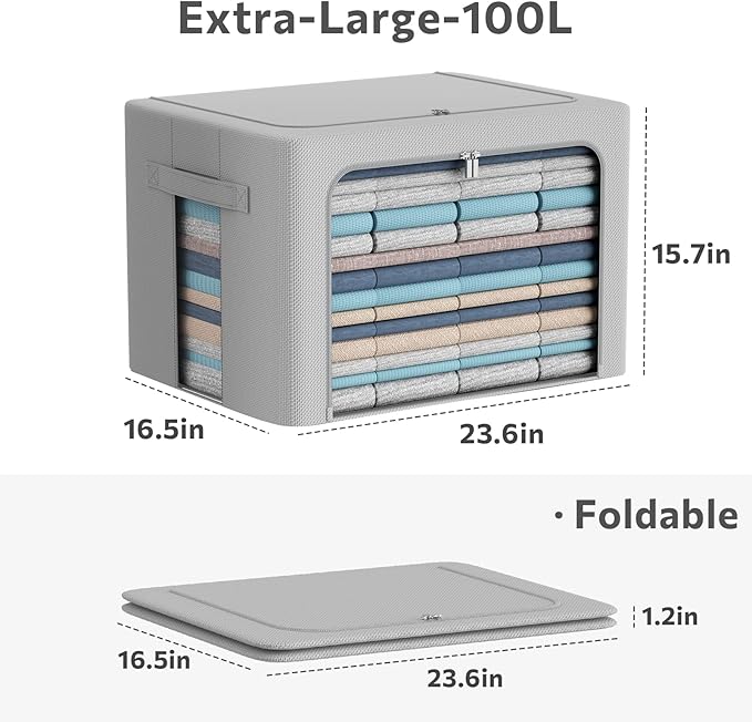 3Pack Frame Storage Box - Clothes Storage Bin Bags Oxford Fabric Foldable Stackable Container Organizer Set with Clear Window & Carry Handles (Grey, Extra Large-100L)