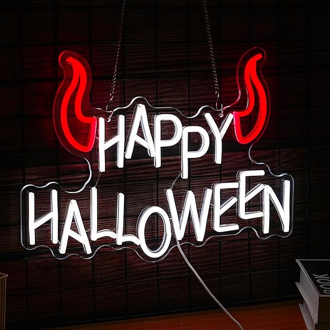 Happy Halloween Neon Sign - Dimmable LED Red Little Corner Light for Wall Decor - USB Powered for Halloween Decoration, Home Spooky Party, Bedroom Decor