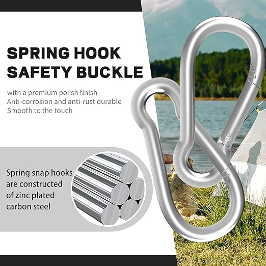 50PCS M4 Spring Snap Hook Carabiner, Heavy Duty Galvanized Steel Carabiner Clip, 110LBS Holding Capacity Spring Clips for Hammock Swing Outdoor Travel