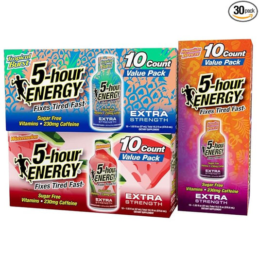 5-Hour Energy Extra Strength Shots Variety Pack, 30 Count (1.93 fl oz) - Tropical Burst, Hawaiian Breeze, Watermelon Flavors