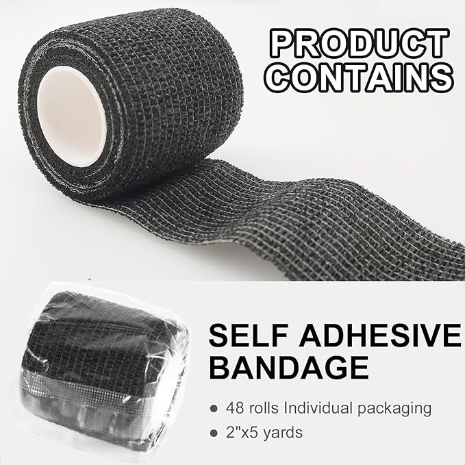 48 Pack Self Adhesive Bandage Wrap, 2” x 5 Yards Cohesive Medical Tape Elastic Grip Tape Black Sports Tape Athletic for Ankle, Wrist Sprains, Pet First Aid (Black)
