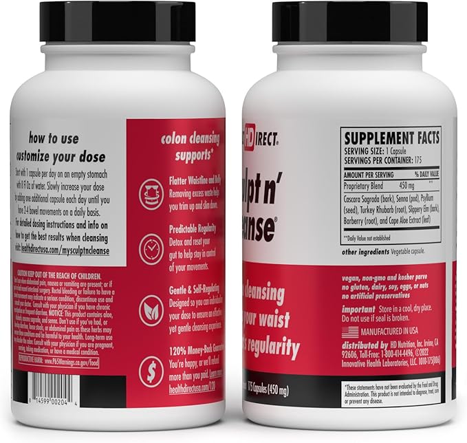 HEALTH DIRECT Sculpt n' Cleanse - Herbal Colon Cleanse for Digestive Health & Regularity - Natural Detox & Gut Flush Supplement - 175 Veggie Capsules