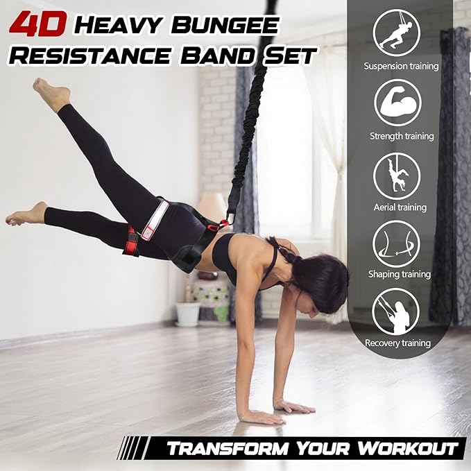 Heavy Duty Bungee Fitness Set – Professional 4D Bungee Resistance Band for Home Gym, Yoga & Air Dance – Adjustable Harness with 360° Rotational Device,Includes Workout Guide