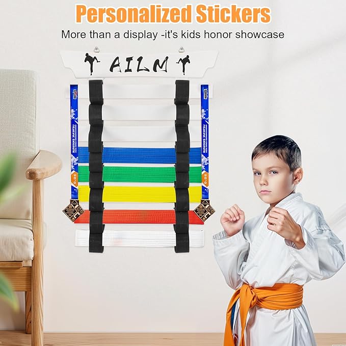 8 Belts Upgraded Karate Belt Display Rack with Stickers, Taekwondo Belt Display 【No Assembly Required】 Martial Arts Belt Display, Karate Belt Holder for Kids and Adult, Wood