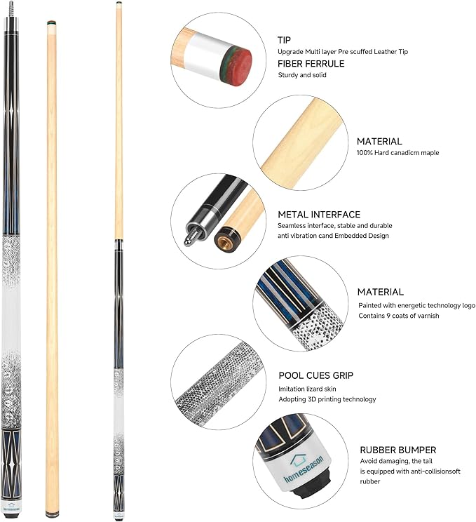 HomeSeason Pool Cue Stick 58" Billiard Cue Sticks 3D Printed Grip Professional Low Deflection Pool Sticks Maple Wood Pool Sticks 13mm Tip