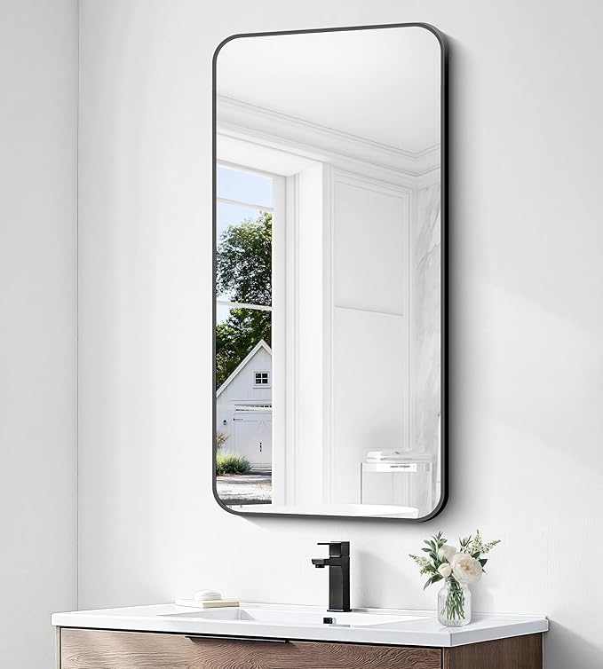 24x48 inch Bathroom Mirror,Black Rectangle Mirror,Wall Mounted Bathroom Frame Vanity Mirror with Round Corner for Bedroom Living Room, Entryway Hangs Horizontal or Vertical