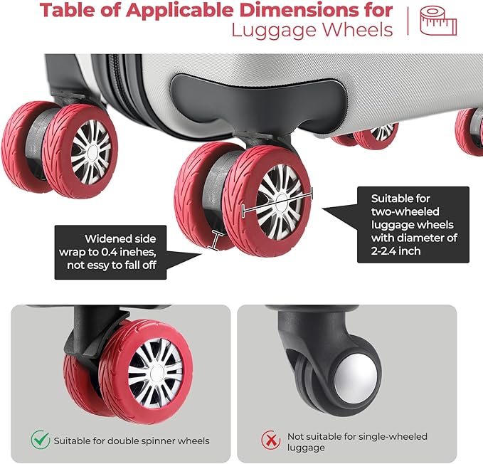 8 Pcs Upgrade Luggage Wheel Covers, Carry On Luggage Suitcases,Wear-Resistant, Anti-Noise, Silicone Wheel Protective Covers for 2-2.4" Spinner Wheel,Essential Travel Accessories (Red)