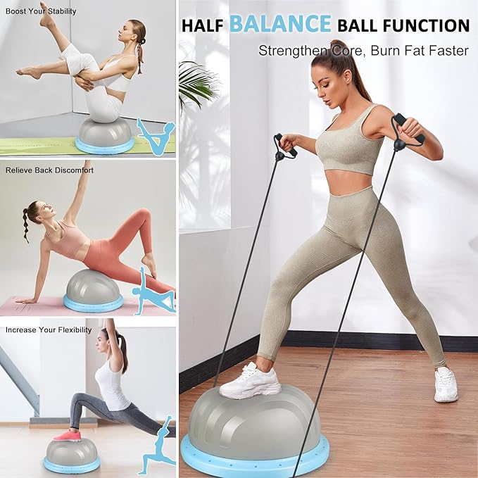 2-in-1 Balance Ball & Plank Board Trainer with App & 4 Interactive Games, Half Exercise Ball for Pilates & Yoga, Core Strength Training, Home Gym Workout, with 2 Resistance Bands & Pump