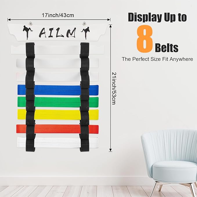 8 Belts Upgraded Karate Belt Display Rack with Stickers, Taekwondo Belt Display 【No Assembly Required】 Martial Arts Belt Display, Karate Belt Holder for Kids and Adult, Wood