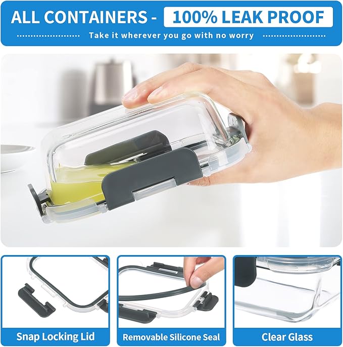 24-Piece Small Glass Food Storage Containers with Lids Airtight, 1.5 Cup Meal Prep Containers Set, Microwave&Dishwasher Safe, Leak-Proof, BPA-Free, Grey