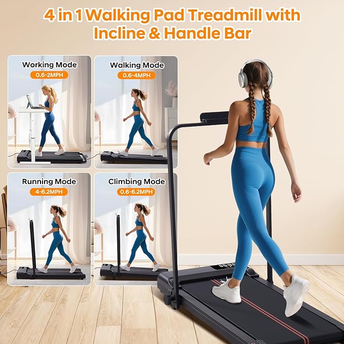 Walking Pad with Handle Bar and Incline, 3.0HP Portable Small Treadmills with Handles for Home Small Spaces, 0.6-6.2MPH Electric Compact Walking Pads Treadmills with Incline, 320LB Capacity