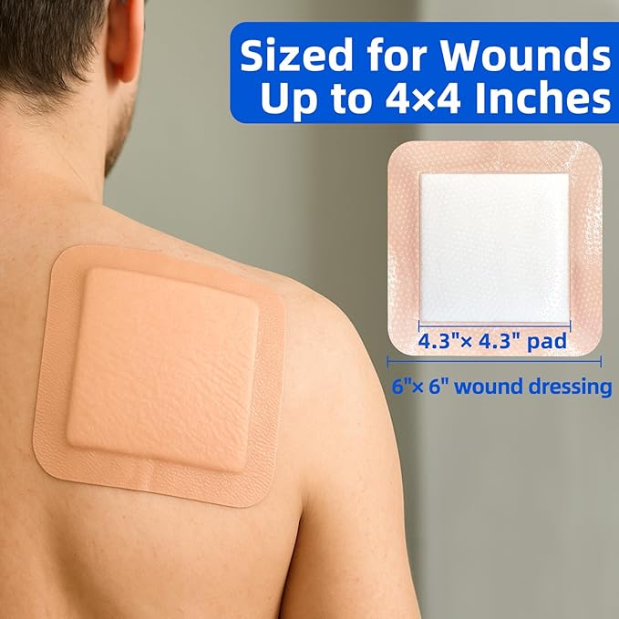 6"x 6" Silicone Super Absorbent Wound Dressing - Gentle Border Large Bandages for Pressure Ulcer, Surgical Wounds, Heavy Exudate Wound Care Pads (8 Pack)