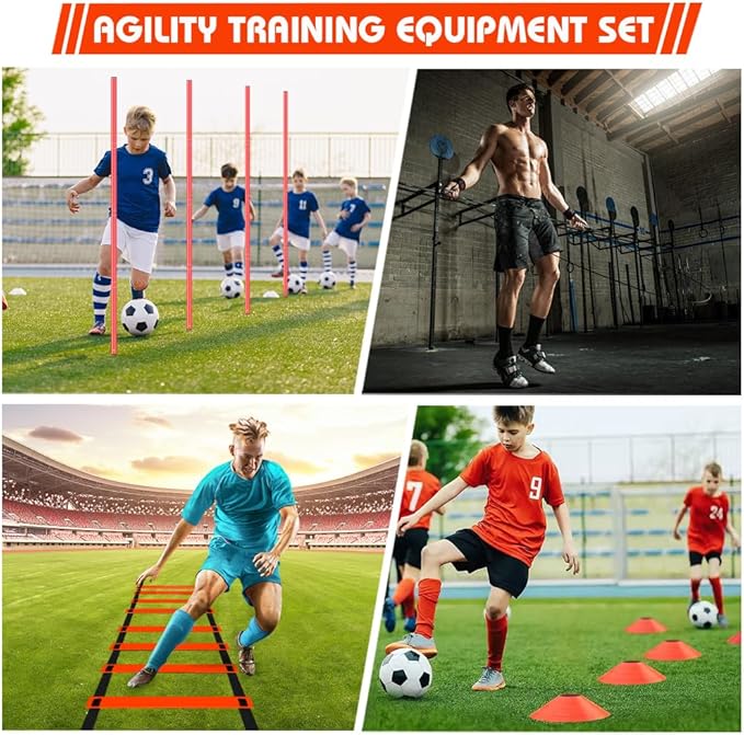 HOTOOLME Agility Training Poles Equipment Soccer Training Equipment includes 6 Agility Poles,Agility Ladder, 10 Soccer Cones,Jump Rope for Speed Training, Soccer Training, Basketball Athletes & Kids