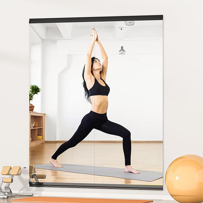 Hasipu 2 Pcs 63''x28'' Home Gym Mirror Large Full Length Wall Mounted Full Body Mirror for Yoga Dance Fitness Exercise Studio Bedroom Garage, Frameless Tempered Glass Workout Mirrors Black Rectangular