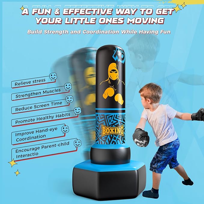 67'' Inflatable Punching Bag Freestanding for Kids Aged 3-12 – Heavy Duty Boxing Set for Karate & Taekwondo, Stable Boxing Bag Active Kids Toy, Christmas Birthday Gift for Boys and Girls