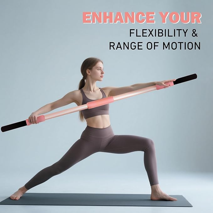 Pink Yoga Stick 58 Inch - Alloy Steel Stretching, Mobility & Exercise Stick with Neck & Hand Pads, Shoulder Flexibility Tool for Yoga, Pilates & Home Gym Workouts
