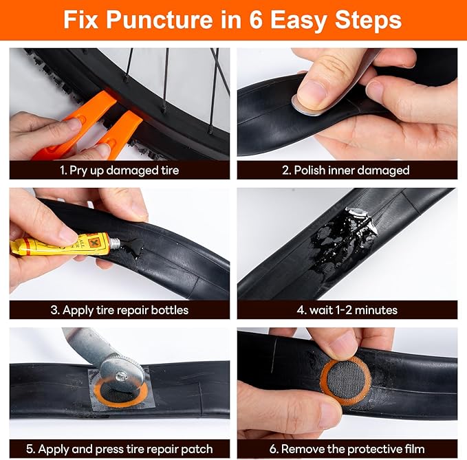 29 PCS Bike Tire Repair Kits - 22 PCS Vulcanizing Patches, Cement, Tire Levers, Metal Rasp & Roller, Valve Wrench, Portable Bicycle Inner Tube Puncture Patch Kit for BMX MTB Road Bike Motorcycle