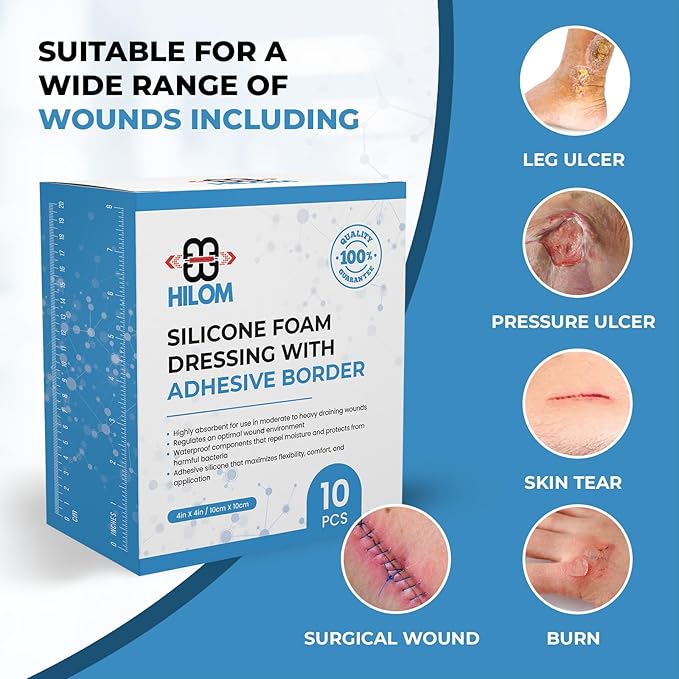 Hilom Silicone Foam Dressing with Adhesive Border 4 in x 4 in (10 Pack) Waterproof Dressing | Moist to Heavily Draining Wounds Including Pressure Ulcer, Burns, or Lacerations | Latex Free