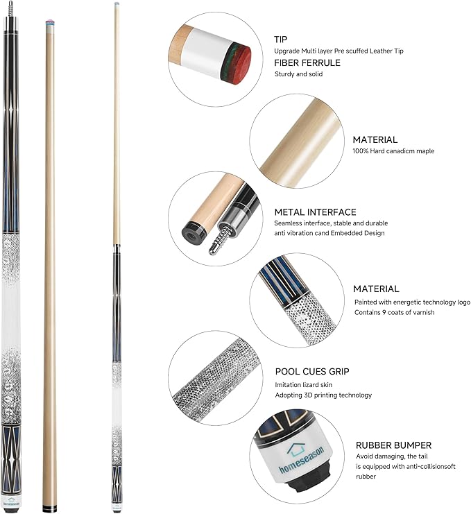 HomeSeason Pool Cue Stick 58" Billiard Cue Sticks 3D Printed Grip Professional Low Deflection Pool Sticks Maple Wood Pool Sticks 13mm Tip