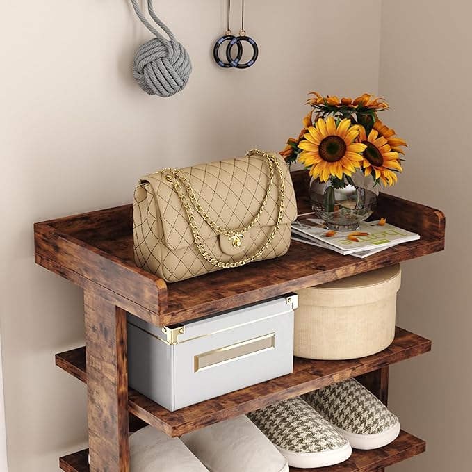 HOMEFORT 7-Tier Wood Shoe Rack, Double Rows Shoe Shelf, Shoe Storage Stand, Entryway Shoe Tower, Vertical Shoe Organizer for Narrow Closet, Entryway, Hallway, Rustic Brown