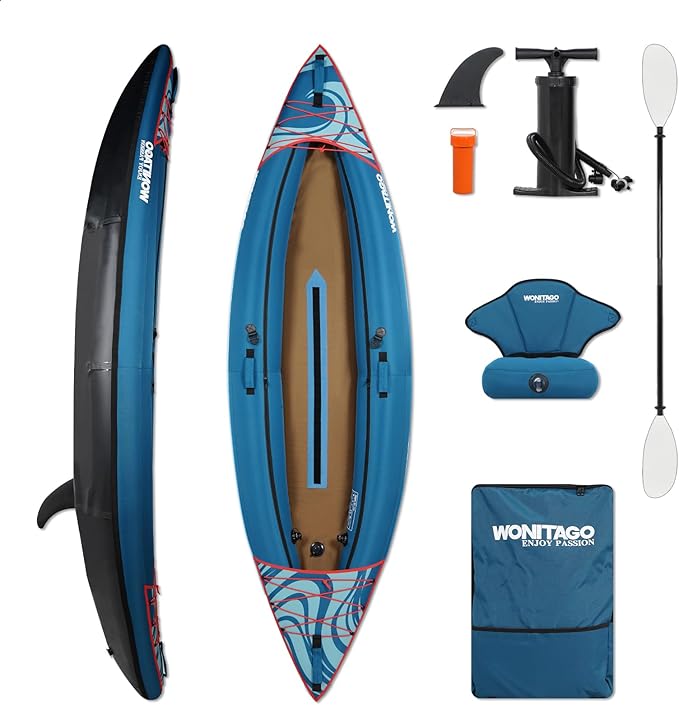 Inflatable Kayak, Portable Ripstop Oxford Cloth Recreational Touring Kayak with Fiberglass Kayak Paddle, Hand Pump and Carrying Bag, 1/2 Person