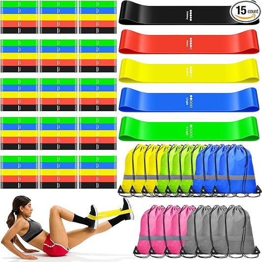 90 Pcs Workout Loop Resistance Bands Bulk, Gym Elastic Bands Set for Fitness Sport Class Students Members Gift Physical, 5 Pieces Each Set, with Large Drawstring Backpack Bags
