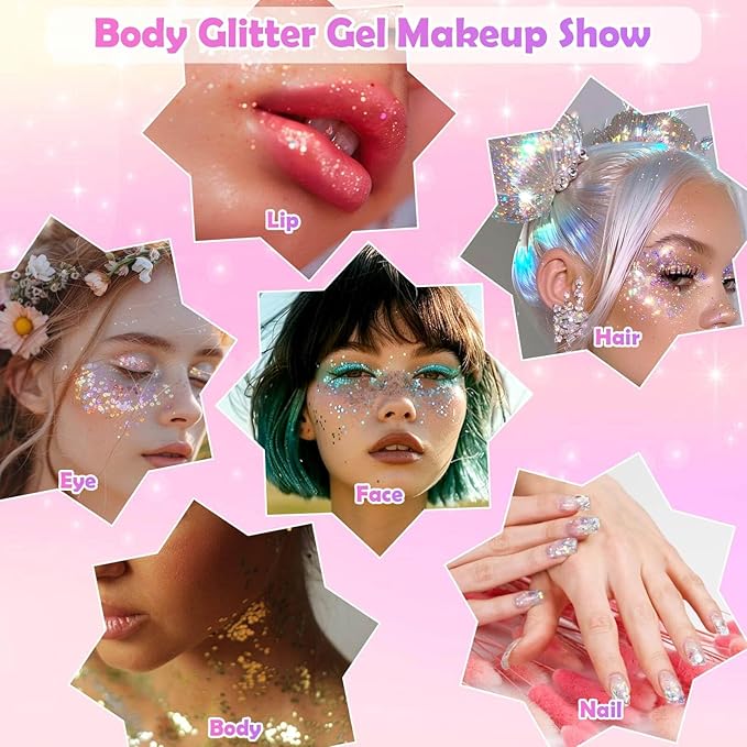 6 Colors Body Face Glitter Gel for Skin and Hair, Makeup Sparkles Rave Accessories for Festival Outfits, Mermaid Decorations, Disco Cowgirl, Mardi Gras