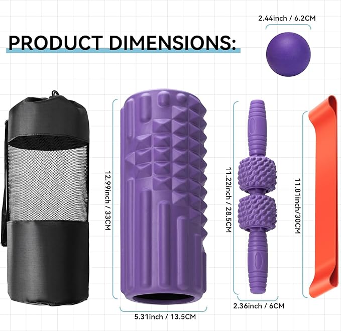 5 in 1 Foam Roller Set, High Density Fitness Exercise Foam Roller for Deep Tissue Muscle Massage, Massage Roller, Massage Ball, Resistance Band, for Whole Body(Purple)