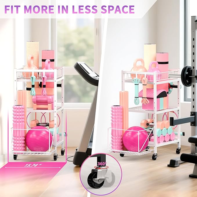 3-Tier Home Gym Storage Rack, Adjustable Yoga Mat Storage Rack, 250LBS Metal Workout Equipment Storage Cart with Large Basket & Lockable Wheels for Mats, Bands, Foam Rollers, Yoga Block