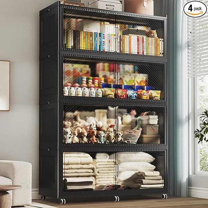 200GAL Extra Large Stackable Storage Bins with Lid, 800QT Plastic Closet Organizer and Storage Cabinet with Wheels and Doors, Folding Storage Box Container for Home Organization, 4Pack Black