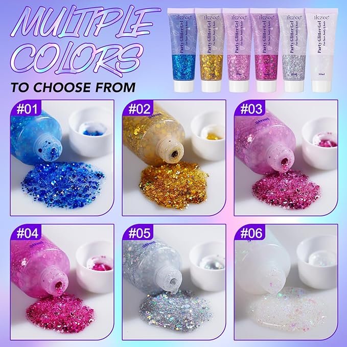 6Pcs Body Glitter for Women - Holiday Glitter Gel for Face &Body & Hair & Nail DIY｜Hair Glitter Gel Create A Stunning Visual Feast ｜Multiple Purpose Body Glitter Gell Long Lasting Mermaid Series Set