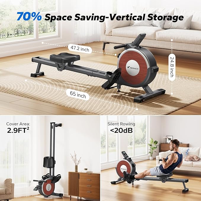 MERACH Rowing Machines for Home, Magnetic Rowing Machine with 16 Levels, Rower Machine of Quiet Resistance, Dual Slide Rail with Max 350lbs Weight Capacity, App Compatible