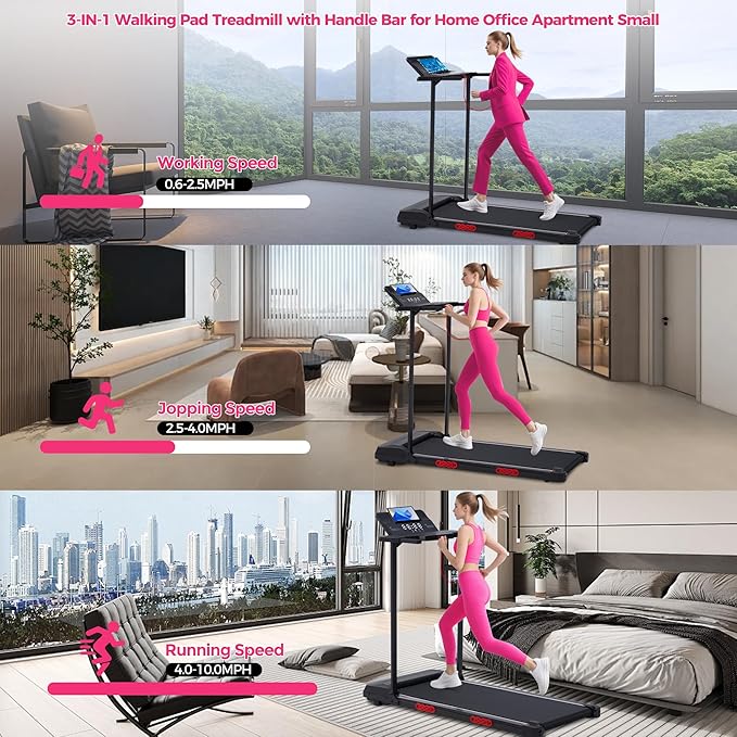 Walking Pad Treadmill with Handle Bar, 3.5HP Compact Electric Walking Pads Treadmills with Handles for Home Apartment Small, 0.6-10MPH Portable Foldable Folding Small Treadmill Home, 400LBS Capacity