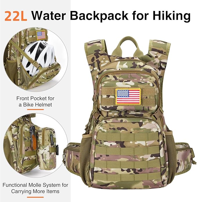 22L Tactical Hydration Backpack with 3L Water Bladder, Lightweight Molle Water Bag for Men Women, Hiking Hydration Pack for Cycling Running Biking Hunting, Daypack with Waist Pocket, Camo