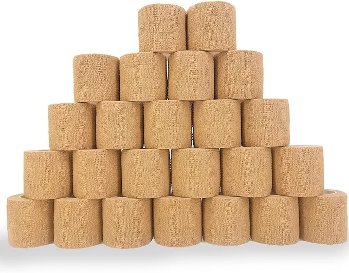 24 Pack Brown Breathable Self Adhesive Bandage Wrap 2 in, Multi-Purpose Non-Woven Cohesive Wrap - Vet Wrap | Athletic Tape | Medical Tape, Ankle Sprains, Swelling, Pets.