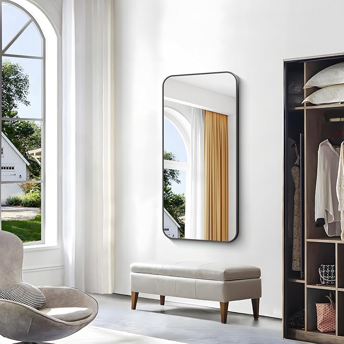 24x48 inch Bathroom Mirror,Black Rectangle Mirror,Wall Mounted Bathroom Frame Vanity Mirror with Round Corner for Bedroom Living Room, Entryway Hangs Horizontal or Vertical