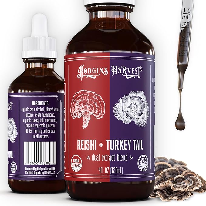 Hodgins Harvest Reishi + Turkey Tail Tincture | Made with Mushrooms Grown On Our Farm in The USA | Dual Extract | Extra-Concentrated (4 fl oz)