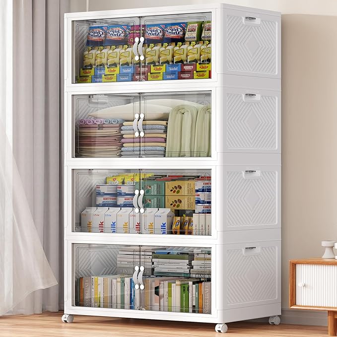 640QT Extra Large Stackable Storage Bins, 160Gal Clear Plastic Closet Organizer Cabinet with Lid and Wheels, Collapsible Latch Boxes Folding Drawer with Door for Home Kitchen, V20 4Pack White