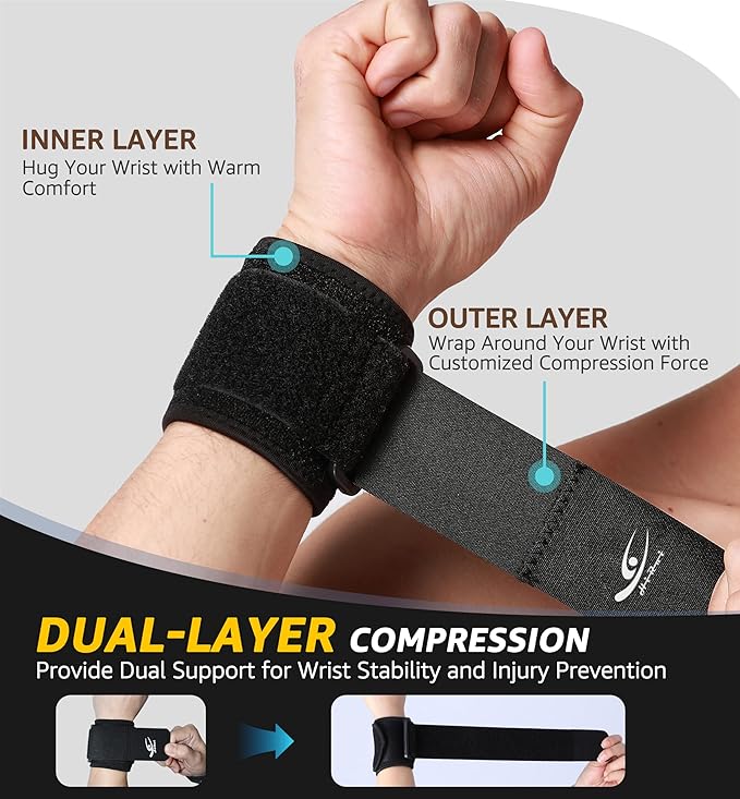 HiRui Wrist Compression Strap Wrist Brace Wrist Wraps for Fitness, Weight Lifting, Tendonitis, Carpal Tunnel Arthritis, Pain Relief, Great Support for Men Women, Adjustable (2 PCS)