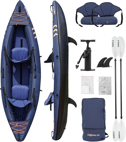 Inflatable Kayak 2 Person, Tandem Kayak, Foldable Kayaks for Adults, with Kayak Fin, 2 Aluminum Paddles, 2 Padded Seats, Hand Pump and Travel Backpack
