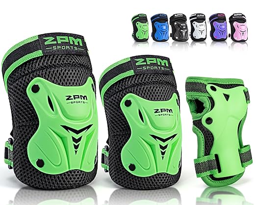 2PM SPORTS Knee Pads for Kids, Wrist Guards Knee and Elbow Pads Set with Drawstring Bag, Protective Gear Set for Girls Boys Roller Skating Cycling Skateboard - Green Small