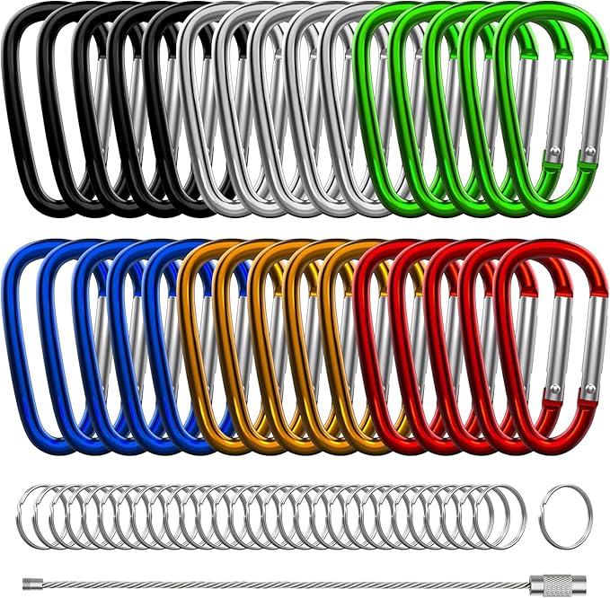 30PCS Aluminum Carabiner Clips, 2" D Shape Spring Snap Hooks Carabiner with 30PCS Keyring Keychain Hook