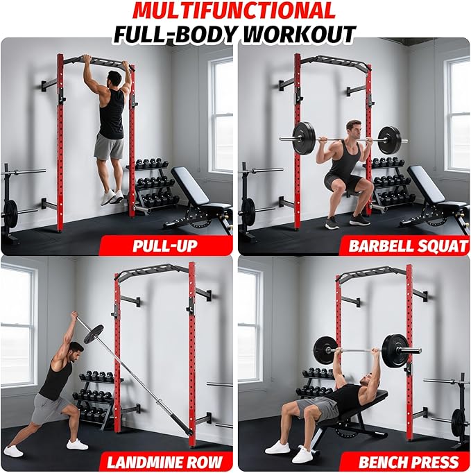 1600LB Wall Mounted Power Rack, Commercial Squat Rack for Home Gym with Multi-Grip Pull Up Bar, j-Cups & Landmine Attachment for Home and Garage Gym