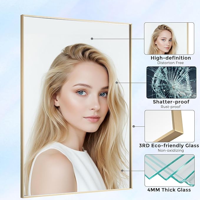 20x36 Inch Brass Bathroom Mirror for Wall, Aluminum Frame Rectangle Rectangular Vanity Mirror, Modern Large for Bedroom, Living Room, Horizontal or Vertical