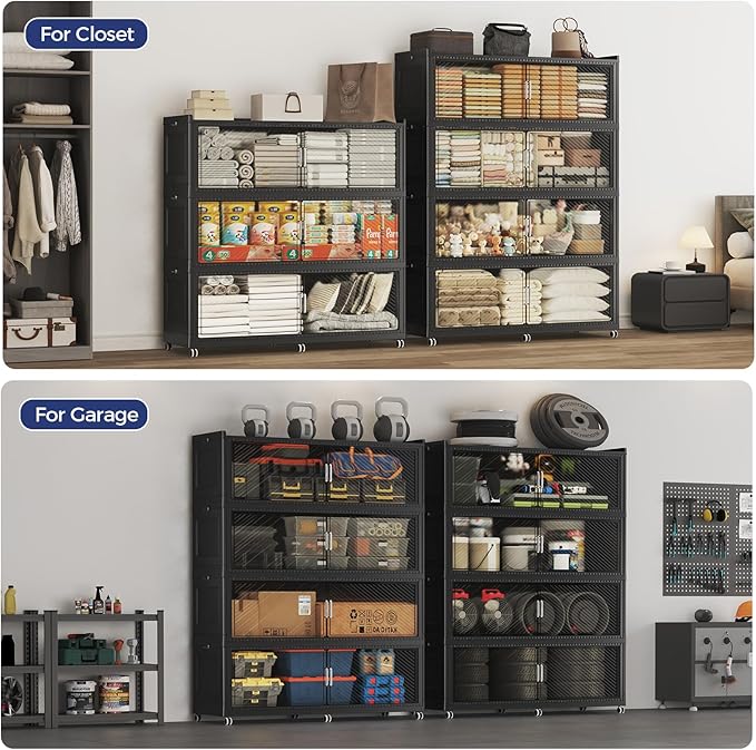 320GAL Extra Large Stackable Storage Bins with Lid, 1280QT Plastic Closet Organizer and Storage Cabinet with Wheels and Doors, Folding Storage Box Container for Home Organization, 4Pack Black