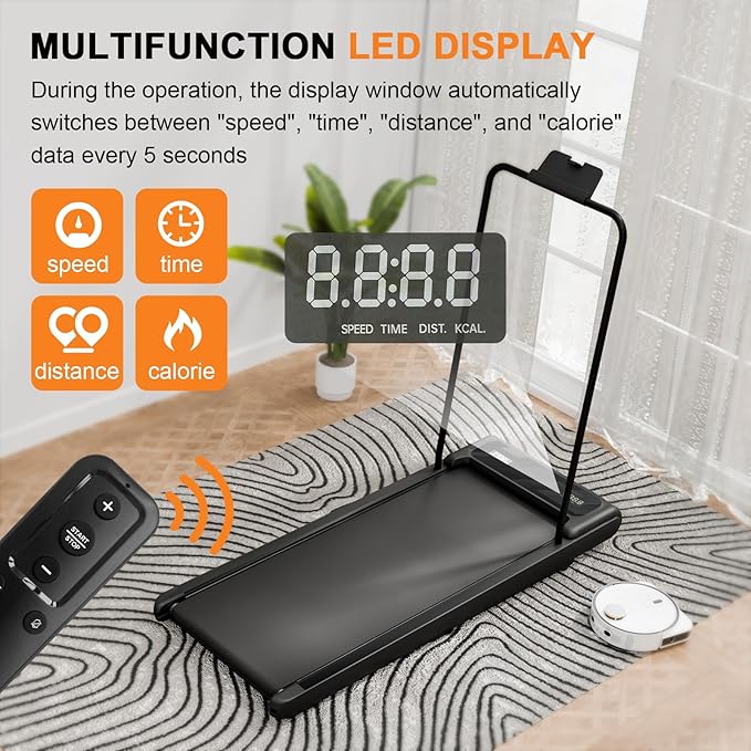 Walking Pad with Handle Bar, 2.5HP Treadmill with Handle, Portable Under Desk Treadmill for Home Office Use, Adjustable Incline, Large LED Display, Remote Control