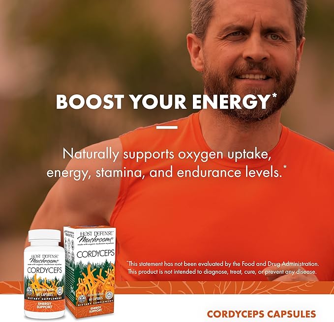 Host Defense Cordyceps Capsules - Immune & Energy Support Supplement - Kidney Health Supplement with Cordyceps - Fitness Support Supplement to Aid Oxygen Uptake - 60 Capsules (30 Servings)*