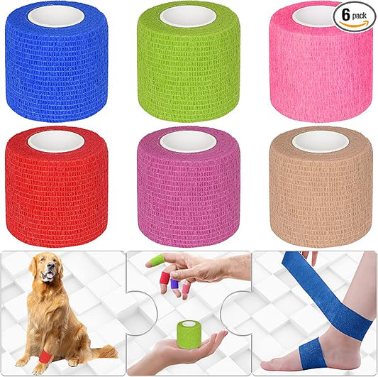 6 Pack 2 Inches Self Adhesive Bandage Wrap Breathable Cohesive Bandage Elastic Tape for Pets, Athletic, Sports, Wrist, Knee, Ankle(5 Yards Per Roll, Mixed Colors)